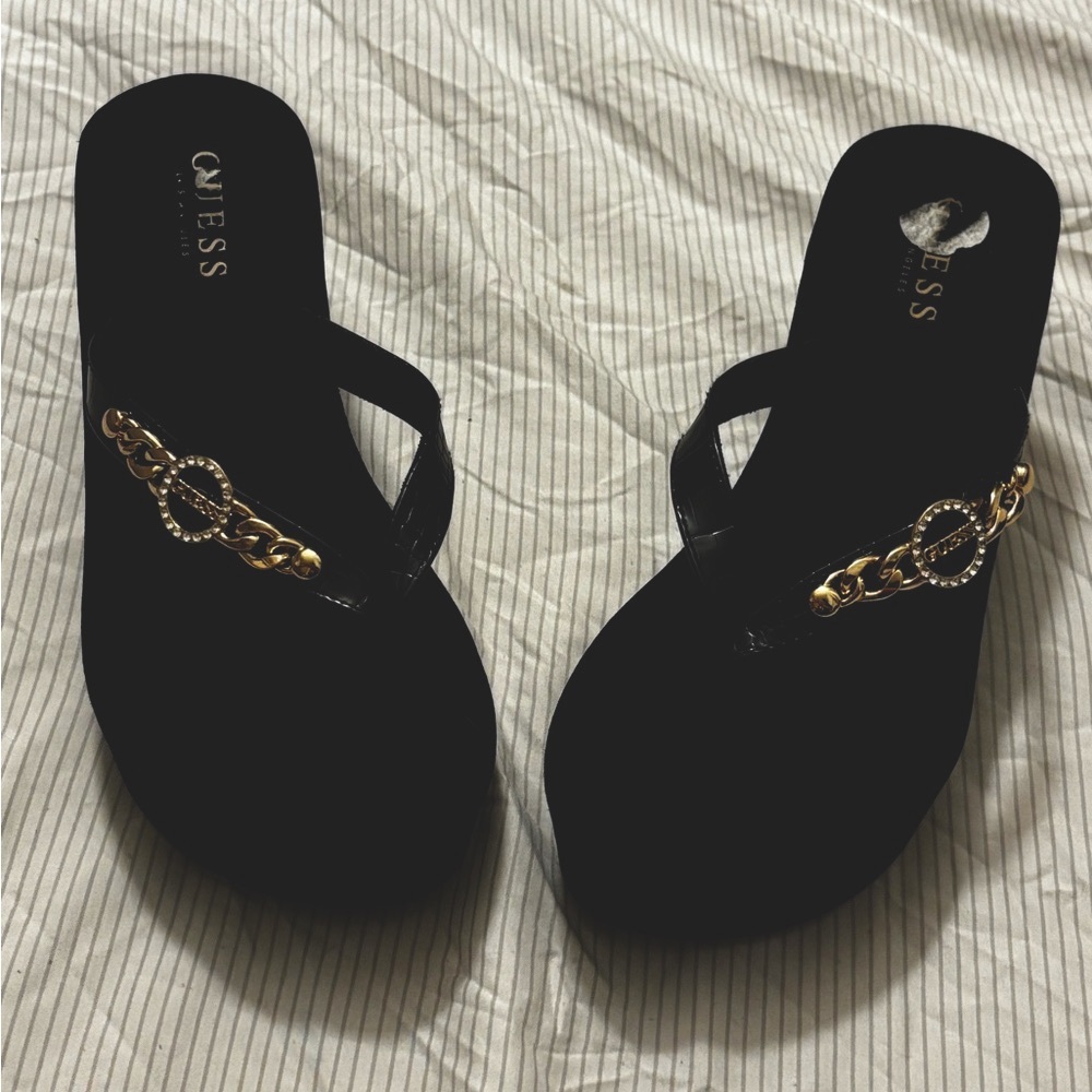 Guess Black Sandals with Gold Chain Detail